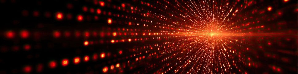 Red digital dots recede into a bright, luminous center, creating depth