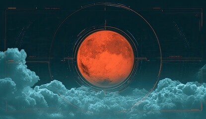 Eerie red moon obscured by digital HUD, rising above wispy clouds