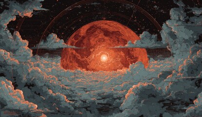 Fiery celestial orb hangs amidst swirling clouds, hinting at cosmic wonder