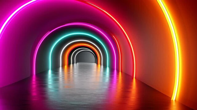 Colorful illuminated tunnel with neon arches transitioning from pink to blue and orange, showcasing a reflective floor and vibrant lighting effects throughout the passageway
