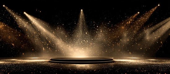 A dimly lit stage with a circular podium, illuminated by spotlights and golden particles