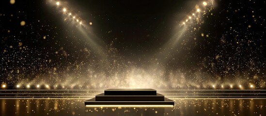 A dark stage with a tiered pedestal, illuminated by spotlights and falling gold particles