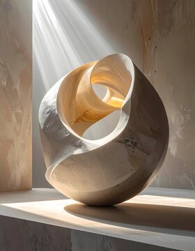 Abstract geometric and curved sculptures with inner glowing light, placed in minimal architectural space. Calm, modern, and luxurious mood in white, cream, gray, and amber orange tones.