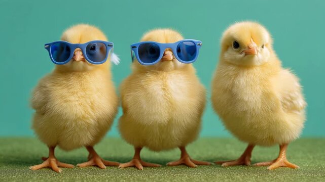 Cute chicks wear sunglasses for Easter fun at a farm during spring season with cheerful activities and decorations