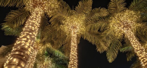 Illuminated palm trees, seen from below, decorated with many warm lights against a dark sky