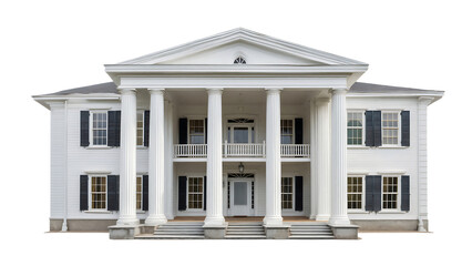 Obraz premium Large white house with columns and black shutters on front porch classic American architecture transparent background