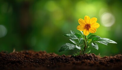 Single yellow flower blooms from rich soil, dew drops glisten on petals