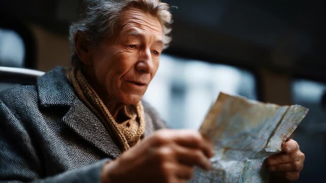 An elderly man examines an old map, immersed in thought as he contemplates his journey and the memories associated with it, embodying the essence of exploration and nostalgia in a fleeting moment.