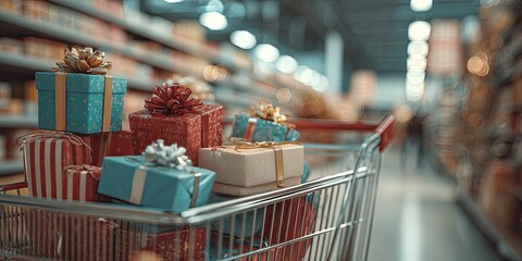 Presents piled in a shopping cart in a brightly lit store aisle