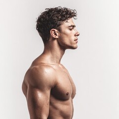 A young man stands in profile with a muscular build against a plain background during a studio shoot
