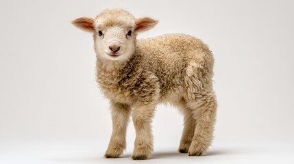Naklejka premium Portrait of a lamb on a clean white backdrop, front-facing and calm, design-ready space