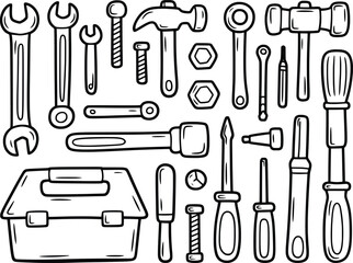 Hand Tool Set Illustration Wrench Screwdriver Hammer Line Art.