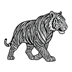 Detailed black and white tiger illustration with intricate tribal patterns and designs on its body walking forward isolated on a plain background