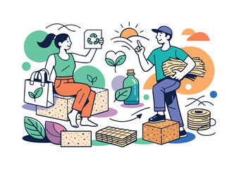 Eco-friendly materials inspiration. Recycled textures, plant fibers, and minimalist objects arranged