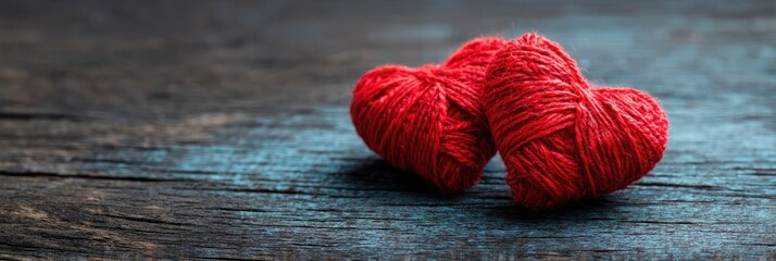 Two red yarn hearts rest on a dark, weathered wooden surface