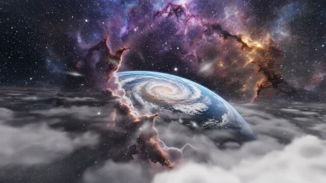 Clouds frame Earth from space, nebula backdrop