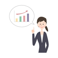 上昇するグラフについて話すスーツ姿の女性