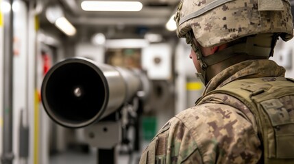 Naklejka premium A soldier in camouflage uniform stands indoors, observing advanced military equipment or machinery in a controlled environment.
