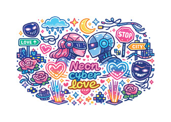 Fototapeta premium Neon cyber love. Hand-drawn doodle illustration of Neon cyber love. glowing heart holograms, android couple,