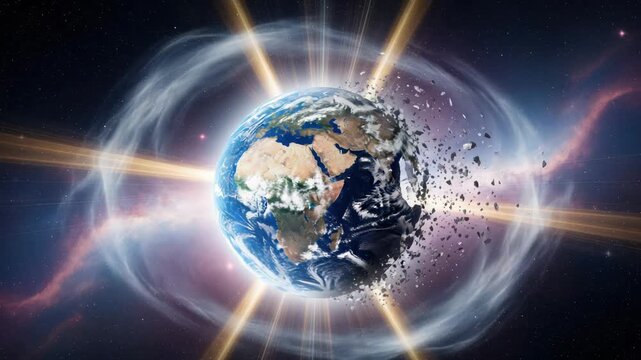 Earth disintegrating in space, exploding planet, cosmic event, global destruction