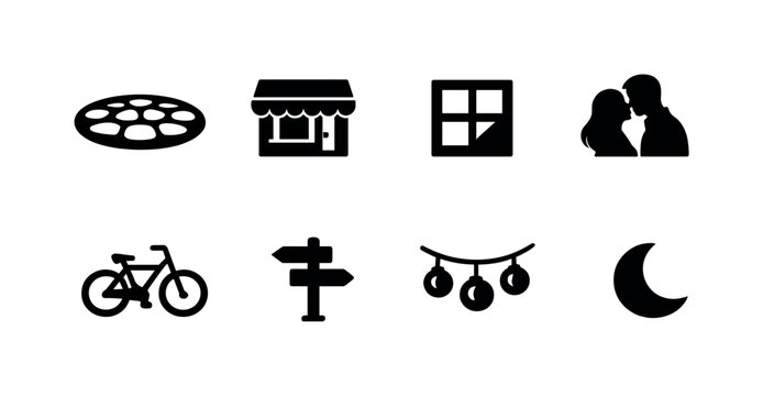 Evening Paris street romance. Filled icon set of Evening Paris street romance: cobblestone street, cafe awning