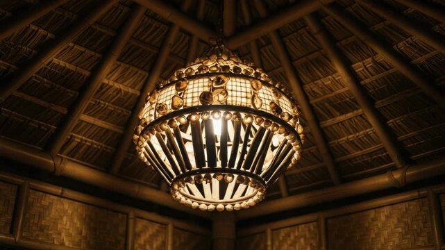 Exotic Seashell Chandelier Hanging from Tropical Thatch Roof Interior