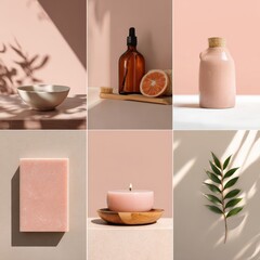 Collage of natural beauty and wellness products featuring skincare items, candles, and organic ingredients in warm earthy tones