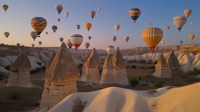 Hot air balloons soar over the unique fairy chimney rock formations of Cappadocia at sunrise, creating a breathtaking and iconic travel experience.
