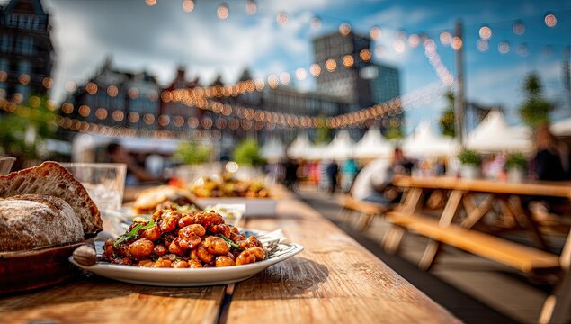 A wooden table laden with food at an outdoor festival with blurred background