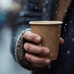 A person holds a brown cup as snow covers the city street on a cold winter day outdoors