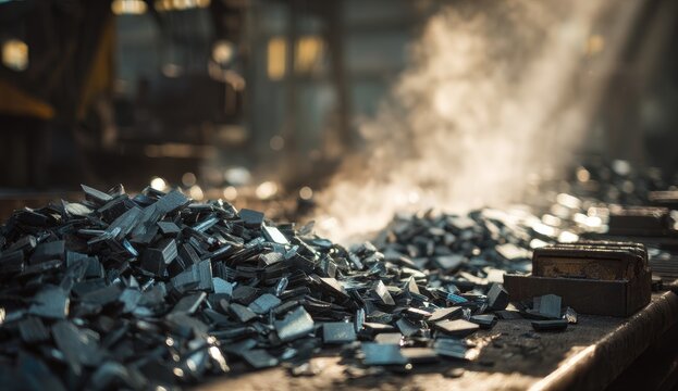Industrial waste pile of sharp metallic shards in dusty hazy atmosphere