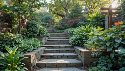 Naklejka premium Garden Steps Lead Through Green Plants and Trees in a Well-Maintained Landscape During Sunny Daylight Hours