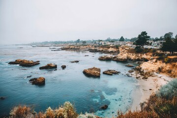Coastal scene of a foggy, tranquil bay