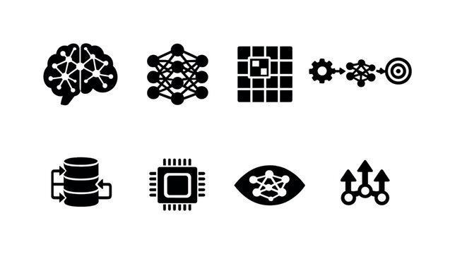 Deep learning. Filled icon set of Deep learning: deep neural brain, layered network, convolution grid,