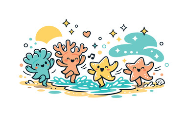 Fototapeta premium Enchanted shoreline. Cute coral beings and starfish sprites dancing along the waterline, sparkles drifting in