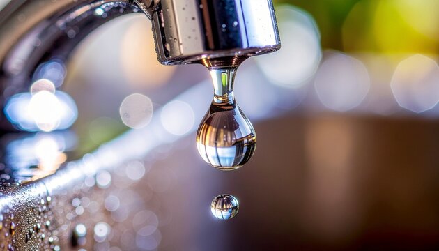 A single drop of water falling from a metallic faucet into a sink with blurred background