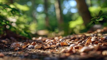 Obraz premium Forest floor strewn with acorns, leaves, and detritus; dappled sunlight