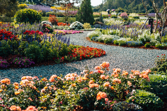 Spring flower gardens in the park and along the pathways in the late morning.