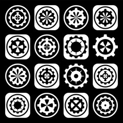 Abstract Gear Icons. Set of White Design Elements on Black Background.