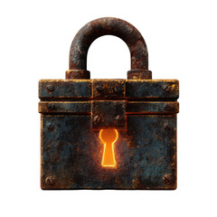 Security Symbol: A detailed close-up of a weathered, vintage padlock with a glowing keyhole, set against a simple backdrop, symbolizes security, protection, and privacy.