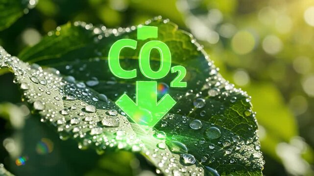 Dewy leaf with CO2 reduction graphic