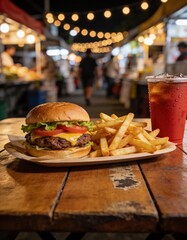 Burger fries and drink combo, night market lifestyle shot, warm lights, cinematic bokeh