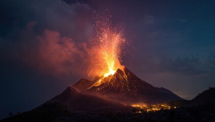 Active volcano erupting fiery lava and ash against a twilight sky