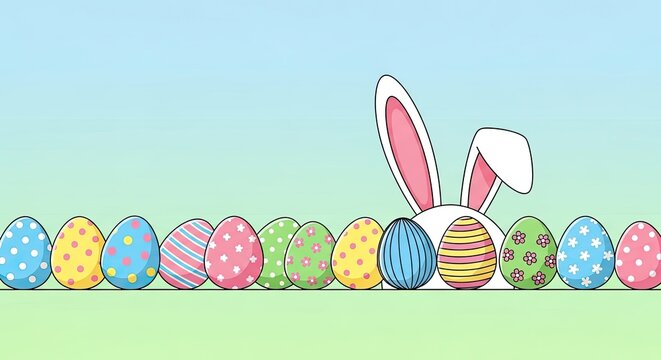 Easter bunny hides behind colorful polka dot and striped eggs in a festive spring scene