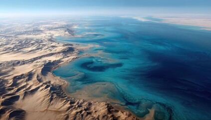 Sweeping aerial view of turquoise waters meeting arid desert landscapes