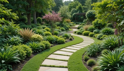 Obraz premium Pathway Through a Garden With Various Plants and Foliage