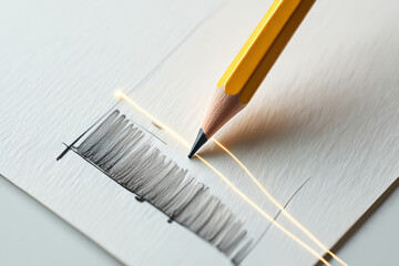 Pencil drawing a gray shaded hatch on white paper with yellow light leak effect, for mockup or overlay