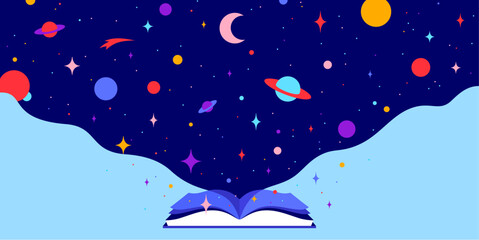 Naklejka premium Book, Imagination, Dreams. Cosmos book, space imagination. Open book storybook for children. Imagination magic world. Open library fantasy dream and storytelling. Vector Illustration