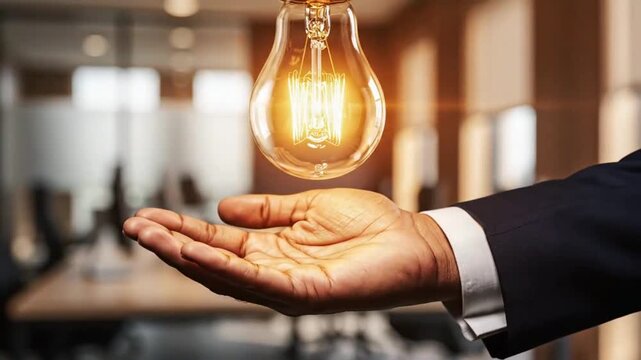 An illuminated light bulb hovering above the outstretched hand of a person in a suit, symbolizing a bright idea