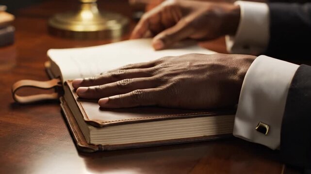 Notebook closing with hand. A hand resting on top of a notebook as it is closed slowly and deliberately.
